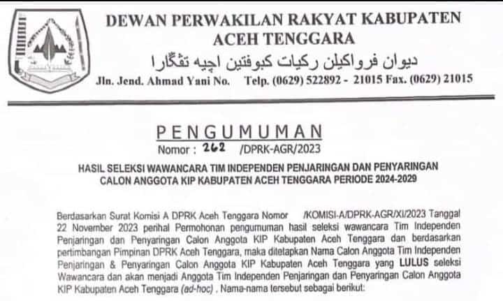 DPRK Aceh Tenggara Umumkan Lima Nama Anggota Pansel KIP Periode 2024