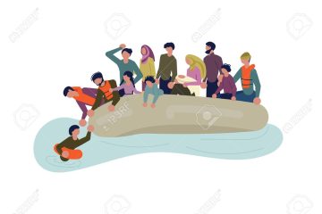 Migrant people in boat concept. Refugees get into Europe by sea isolated on white background. Vector Illustration