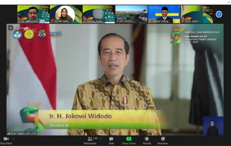 Presiden Joko Widodo dalam Sidang Terbuka Dies Natalis Universitas Negeri Jakarta (UNJ) ke-57 (20/5/2021).(DOK. UNJ)