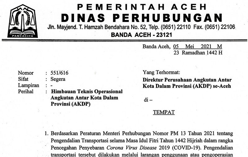 Dishub Aceh Keluarkan Larangan Operasional Angkutan Antar Kabupaten
