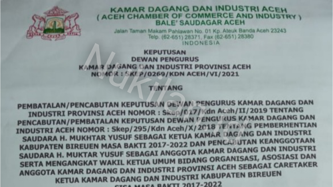 Diberhentikan dari Ketua Kadin Bireuen, Mukhtar Yusuf Surati Ketum Pusat