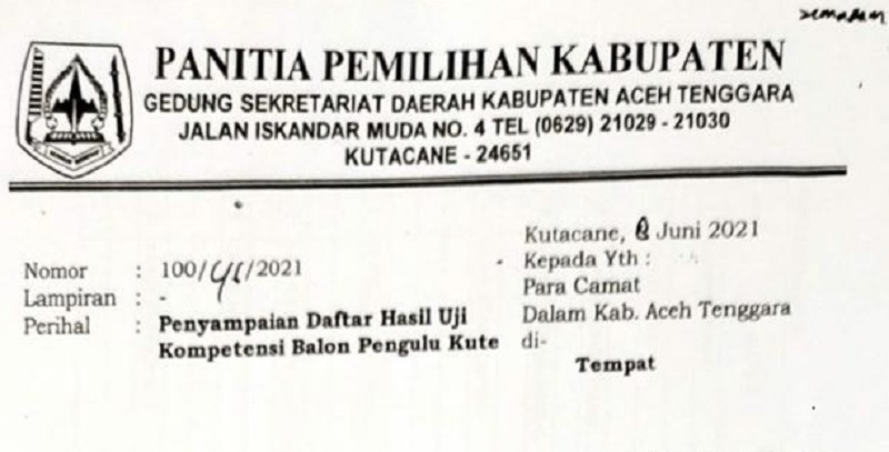 Surat Penyampaikan Hasil Uji Kompetensi Balon Pengulu Kute di Aceh Tenggara.