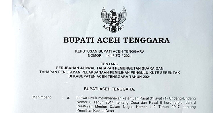 Foto surat keputusan Bupati Aceh Tenggara tentang Jadwal Tahapan Pilkades Serentak tahun 2021.