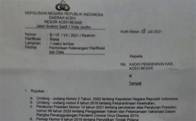 Surat pemanggilan Kadisdikpar Aceh Besar. (Foto: Nukilan.id)