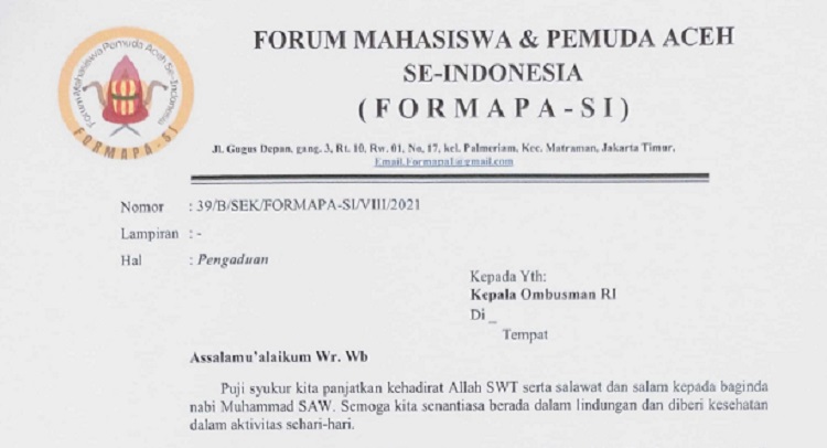 (Foto: Surat Pengaduan FORMAPA-SI)