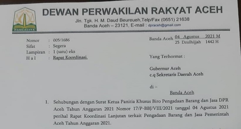 Surat Dewan Perwakilan Rakyat Aceh (DPRA)