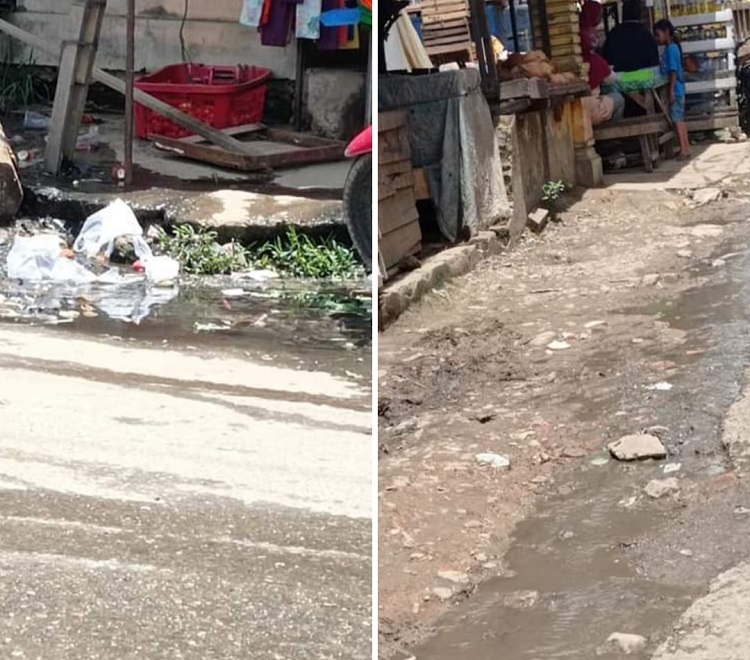 Penampakan luapan limbah di pasar pagi Kota Lintang, Aceh Tamiang, (Foto: Nukilan/Poris)