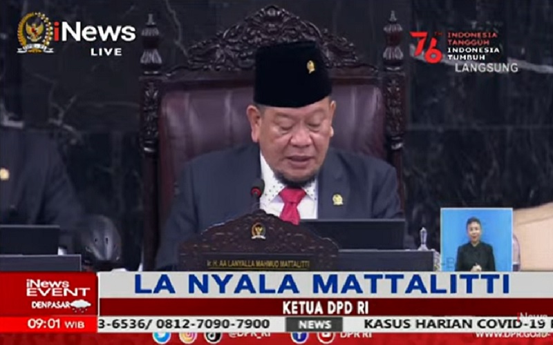 Ketua DPD RI La Nyalla Mattalitti dalam Sidang Tahunan MPR, Senin (16/8/2021), menyinggung peran tokoh dan rakyat Aceh pada masa kemerdekaan. Foto: iNews.id