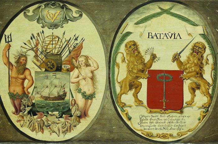Lambang kebesaran VOC dan Batavia karya Jeroni­mus Becx, 1651.