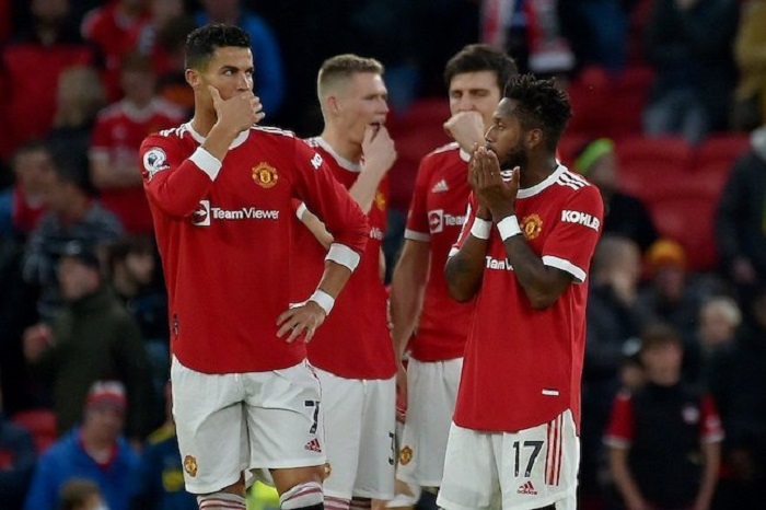 Ekspresi Cristiano Ronaldo cs dalam laga Manchester United vs Liverpool di Old Trafford, Minggu (24/10/2021) © AP Photo