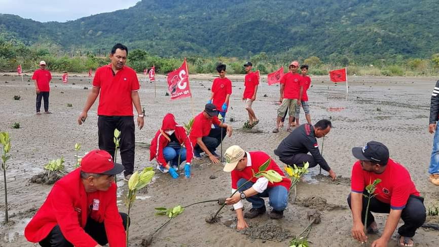 DPD Partai Demokrasi Indonesia Perjuangan (PDIP) melakukan penanaman Mangrove di pesisir pantai Aceh dalam rangka memperingati HUT PDIP ke-49, Senin (10/1/2022). Foto: Facebook.