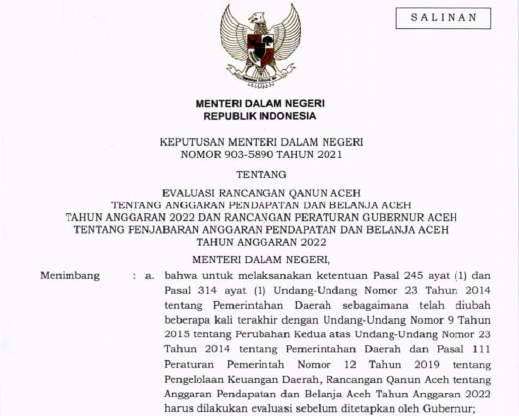 Ini Hasil Evaluasi APBA TA 2022 dari Kemendagri