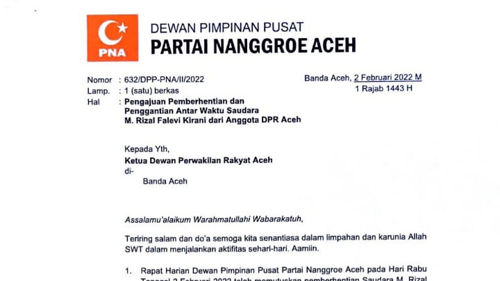 Surat Pengajuan Pemberhentian dan Penggantian Antar Waktu Saudara M. Rizal Fahlevi Kirani dari Anggota DPR Aceh. (Foto: Dok. Ist)