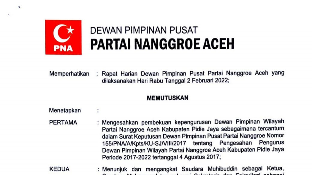 Surat Keputusan Pembekuan DPW PNA Pidie Jaya. (Foto: Dok. Ist)