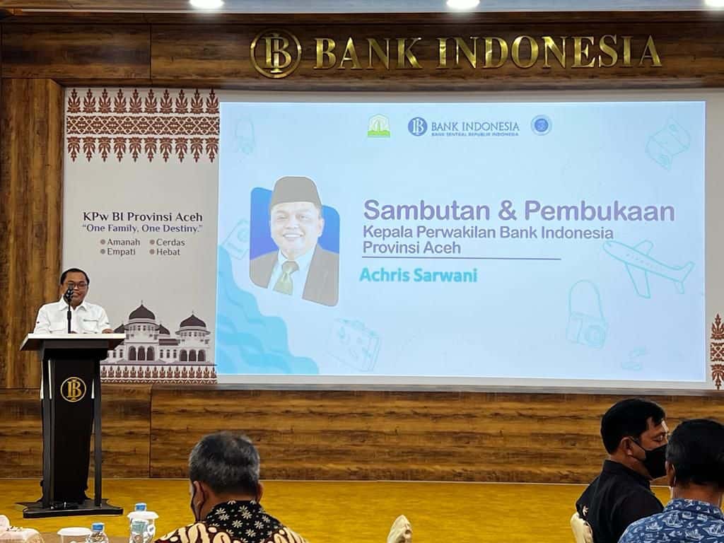 Kepala Kantor Perwakilan Bank Indonesia (BI) Provinsi Aceh, Achris Sarwani saat memberi sambutan dalam kegiatan diseminasi kajian vision master plan pengembangan Pulau Banyak yang diselenggarakan di Auditorium Teuku Umar Kantor perwakilan Bank Indonesia Provinsi Aceh, Kamis (17/3/2022). Foto: Ist.