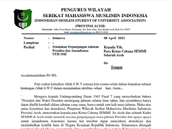 Seruan PW SEMMI Aceh Tolak Perpanjangan Jabatan Presiden