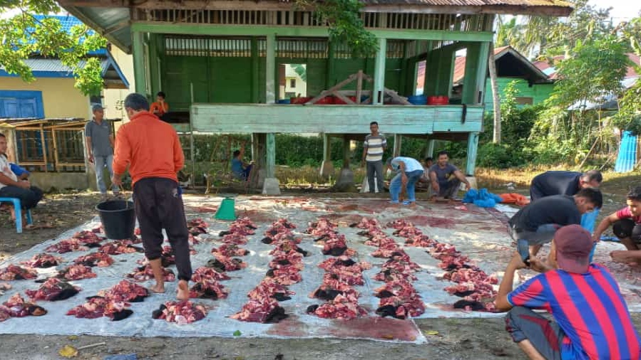 Keuchik Ulee Kareung Aceh Besar Bagi Daging Meugang ke Seluruh Warga