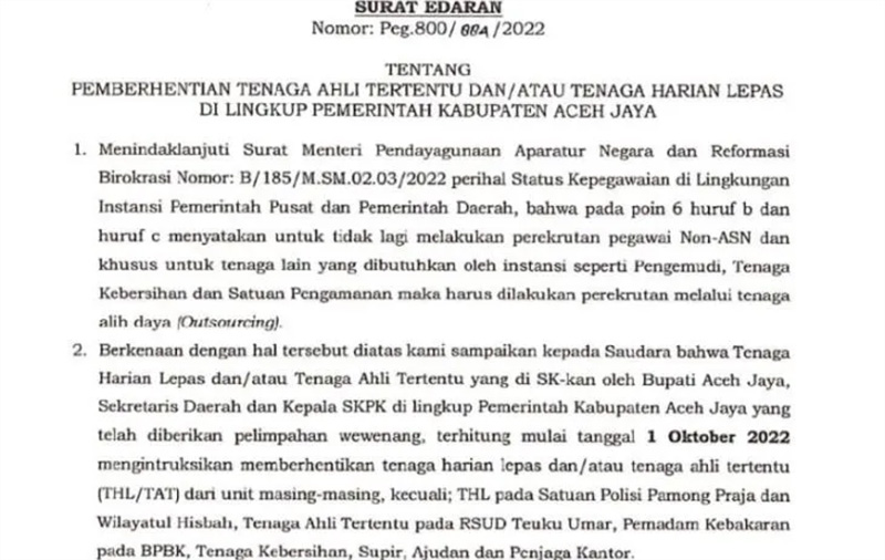 Surat Edaran Pj Bupati Aceh Jaya. (Foto: Antara.com)