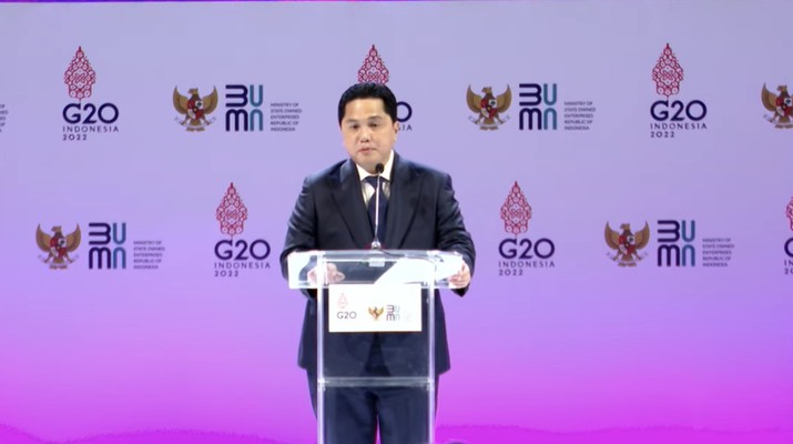Erick Thohir Saat Pembukaan SOE International Conference dan Peluncuran Indonesia Water Fund (IWF) di Bali, Senin (17/10/2022). (Tangkapan layar via Youtube Kementerian BUMN)
