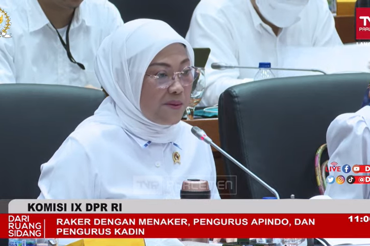 Menteri Ketenagakerjaan (Menaker), Ida Fauziyah melakukan rapat kerja dengan Komisi IX DPR RI di Jakarta, Selasa (8/11/2022).(Tangkapan layar Youtube Komisi IX DPR Channel)