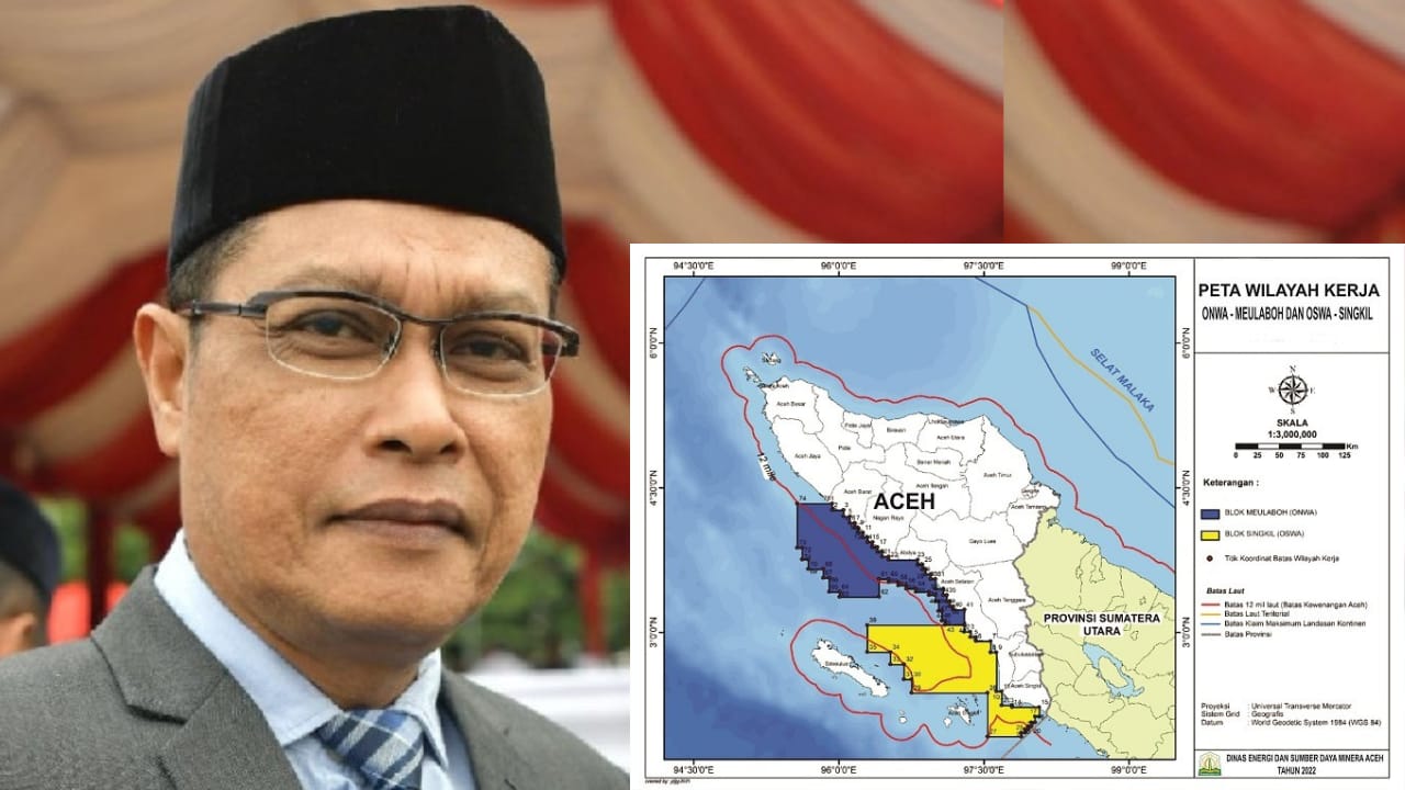 Kepala Dinas ESDM Aceh, Ir. Mahdinur, MM beserta Peta Wilayah Kerja (WK) ONWA-Meulaboh dan OSWA-Singkil. (Foto: Ist)