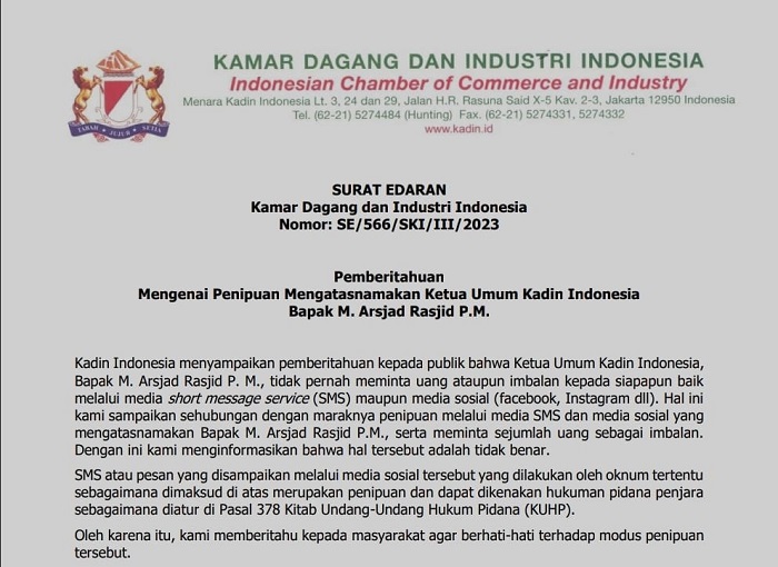 Surat Edaran Nomor SE/566/SKI/III/2023 Mengenai Penipuan Mengatasnamakan Ketua Umum Kadin Indonesia, M. Arsjad Rasjid P.M. (Foto: Screenshot)