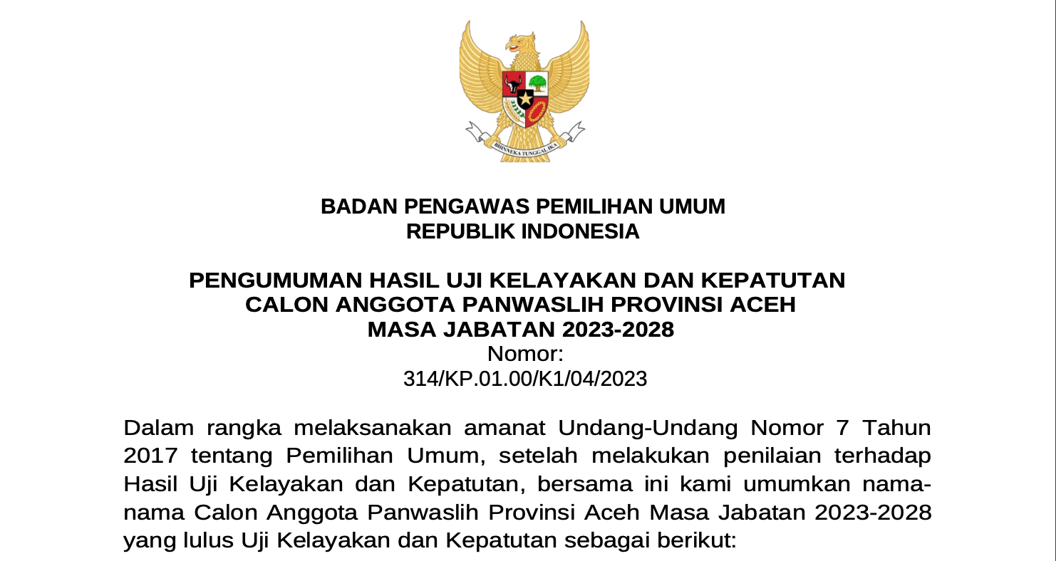 5 Nama Anggota Panwaslih Aceh yang Lulus Fit and Proper Test