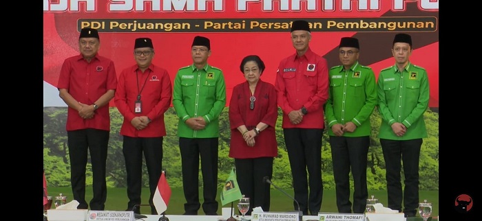 Jajaran Pimpinan PDIP dan PPP pada Pertemuan Kerjasama Politik di Kantor DPP PDI P, Jakarta, Minggu (30/4/2023). (Foto: Screenshot)