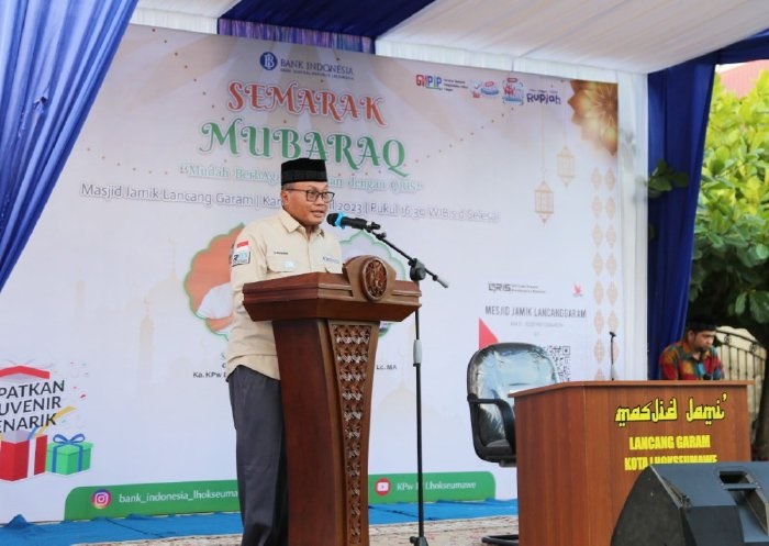 Kantor Perwakilan Bank Indonesia (KPwBI) Lhokseumawe mengadakan Tausiah dan sekaligus gerakan ZISWAF menggunakan QRIS di Masjid Jamik, Lancang Garam, Kecamatan Banda Sakti, Kota Lhokseumawe. (Foto: Ist)