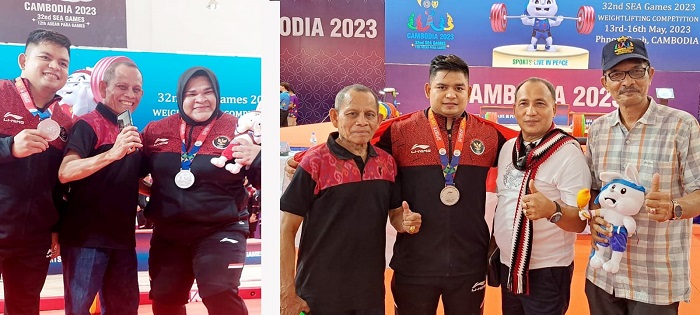 Kiri: foto bersama M. Zul Ilmi dan Nurul Akmal dengan T. Rayuan Sukma. Kanan: foto bersama Ketua Umum dan Wakil Ketua KONI Aceh dengan M. Zul Ilmi usai pengalungan medali. (Foto: Ist)