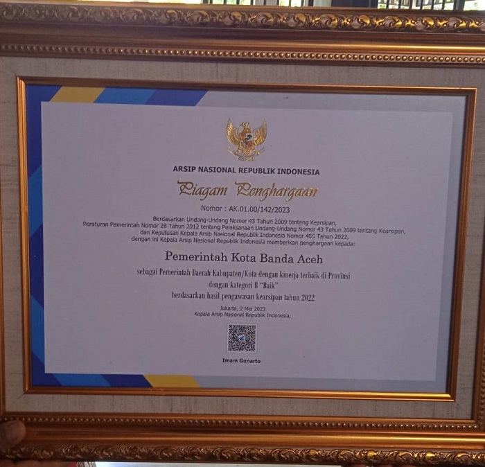 Pemerintah Kota (Pemkot) Banda Aceh berhasil meraih prestasi penghargaan sebagai pemerintah daerah kabupaten/kota dengan kinerja terbaik di provinsi dengan kategori Baik berdasarkan hasil pengawasan kearsipan tahun 2022 oleh Arsip Nasional Republik Indonesia (ANRI). (Foto: Ist)