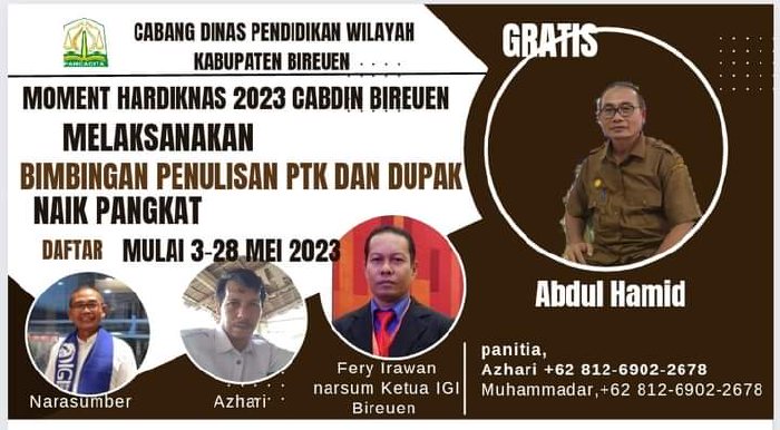 Cabang Dinas Pendidikan (Cabdisdik) Wilayah Bireuen membuat pelatihan penulisan penelitan tindakan kelas (PTK), artikel atau laporan penelitian yang gratis kepada guru akan niai pangkat 1 April 2024. (Foto: Ist)