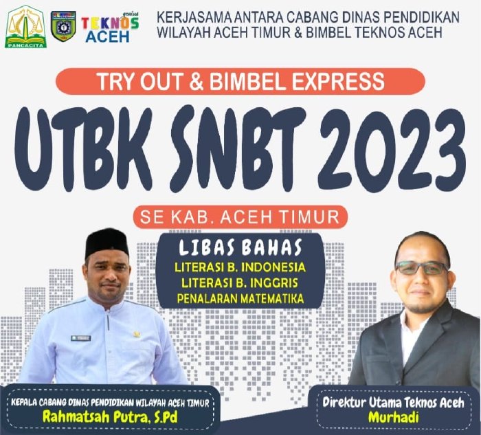 Dalam rangka menghadapi Ujian Tulis Berbasis Komputer (UTBK) salah satu jalur seleksi penerimaan mahasiswa baru di Perguruan Tinggi Negeri (PTN), Cabdisdik Wilayah Aceh Timur menggandeng Teknologi dan Sain (Teknos) Genius Aceh. (Foto: For Nukilan)