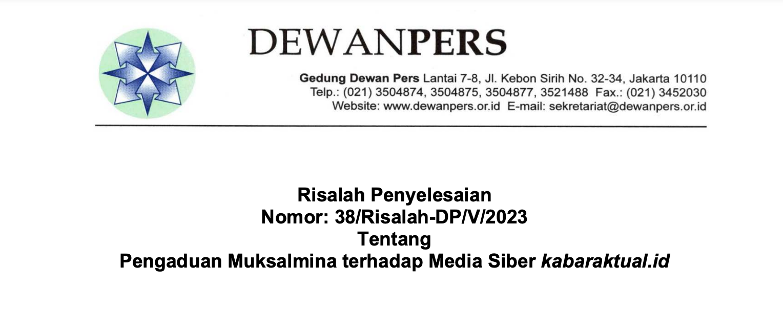 Dewan Pers Sebut Kabaraktual.id Langgar Kode Etik Terkait Berita Pengunduran Kepala SMKN Penerbangan Aceh
