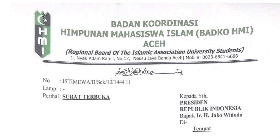 Badko HMI Aceh Layangkan Surat Terbuka Kepada Presiden RI