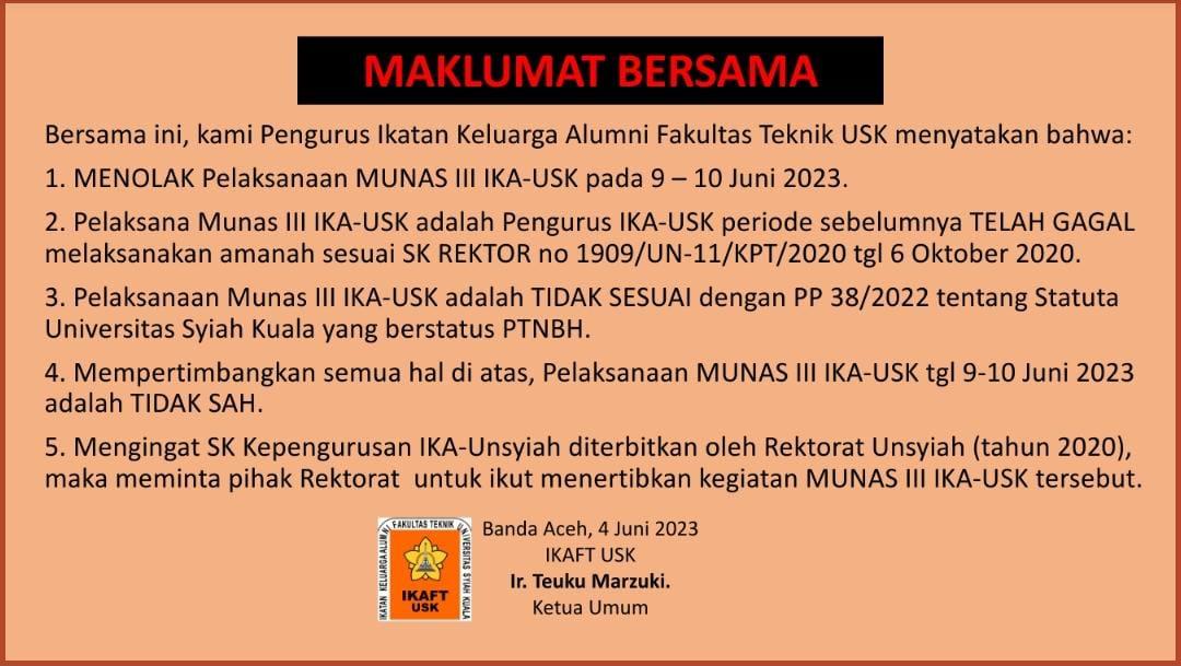 IKAFT Tolak Pelaksanaan Munas III IKA USK, Ada Apa? 