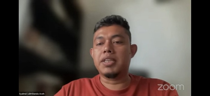 Direktur Yayasan Lembaga Bantuan Hukum Indonesia (YLBHI) Banda Aceh, Syahrul saat konferensi pers Melawan Impunitas dalam Penyelesaian Kasus Pelanggaran HAM Berat melalui zoom meeting, Senin (26/6/2023). (Foto: Screenshot)