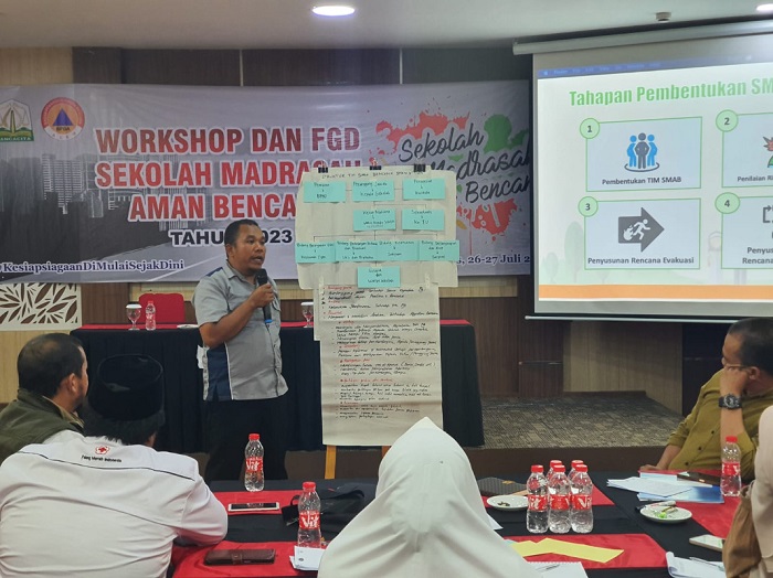 Badan Penanggulangan Bencana Aceh (BPBA) menggelar sosialisasi, workshop dan focus group discussion (FGD) Sekolah Madrasah Aman Bencana (SMAB) tahun 2023 di Takengon, Aceh Tengah pada 25-27 Juli 2023. (Foto: Ist)