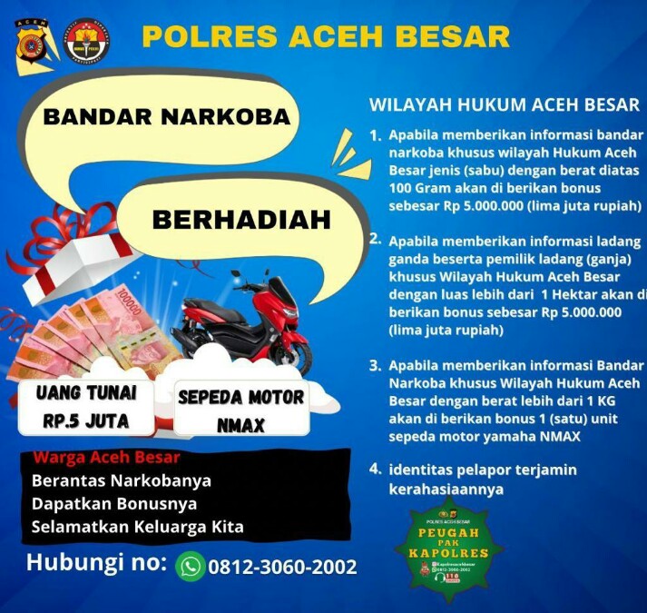 Polres Aceh Besar Beri Bonus Sepeda Motor Hingga Uang Tunai untuk Informan Bandar Narkoba