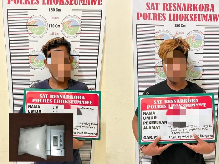 Tim Opsnal Satuan Reserse Narkoba (Satresnarkoba) Kepolisian Resor (Polres) Lhokseumawe berhasil meringkus dua penjual Narkotika jenis sabu-sabu di wilayah Kabupaten Aceh Utara sekira pukul 18.00 WIB, Rabu (5/7/2023). (Foto: Ist)