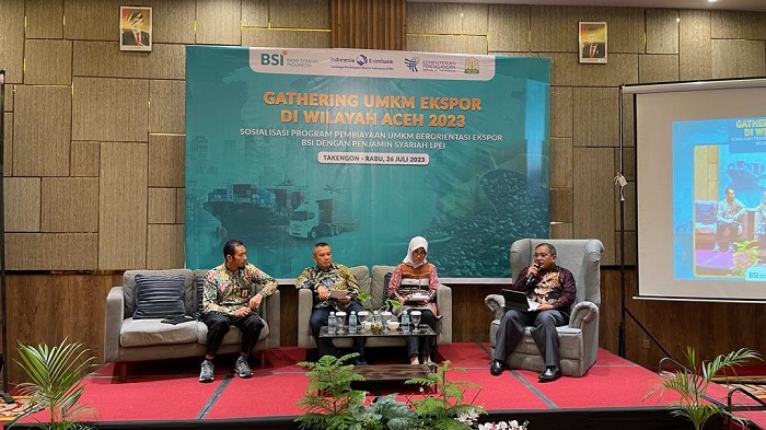 PT Bank Syariah Indonesia Tbk (BSI) bersinergi dengan Kementerian Perdagangan dan Lembaga Penjaminan Ekspor Indonesia (LPEI) menyelenggarakan Sosialisasi Pembiayaan Ekspor untuk UMKM Eksportir di Aceh. (Foto: Ist0