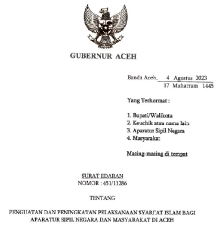Surat Edaran Nomor: 451/11286 tentang Penguatan dan Peningkatan Pelaksanaan Syariat Islam bagi Aparatur Sipil Negara dan Masyarakat di Aceh. (Foto: Ist)