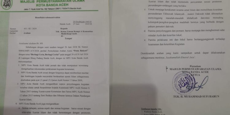 Surat arahan dari MPU Banda Aceh kepada panitia penyelenggara 'Pesta Rakyat' dan konser musik yang dilaksanakan di lapangan Blang Padang Banda Aceh 26-30 Juli 2024. (Foto: Dok. Panitia)