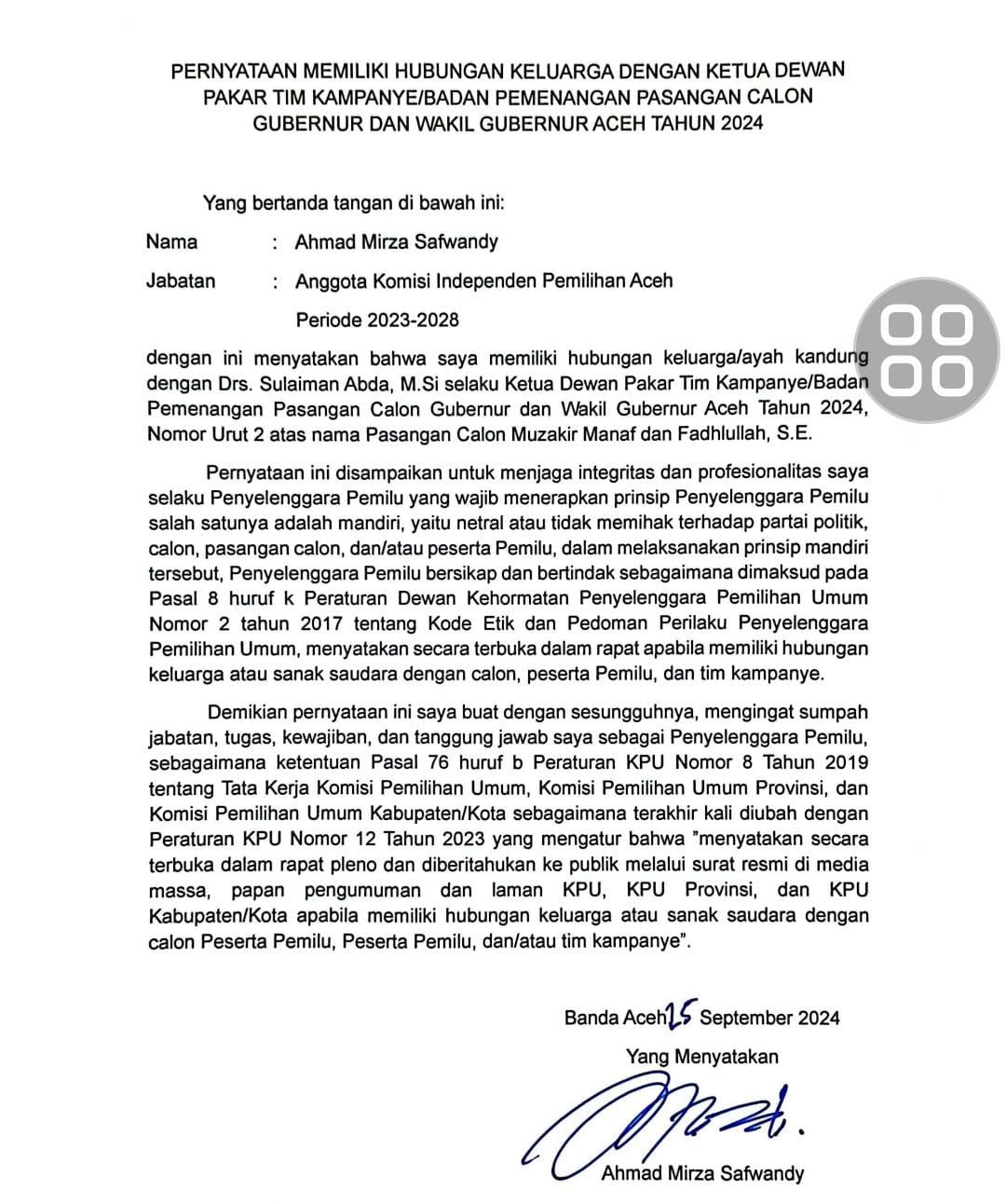 Surat pernyataan Ahmad Mirza Safwandy. (Foto: SS Dokumen)