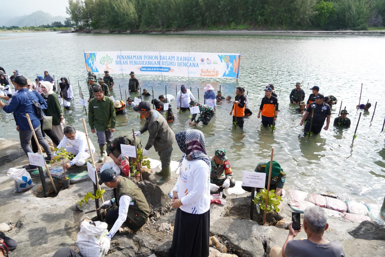 Kegiatan penanaman bibit mangrove di Ulee Lheue, Banda Aceh, pada Rabu 9 Oktober 2024. (Foto: Dok. Kodam IM)