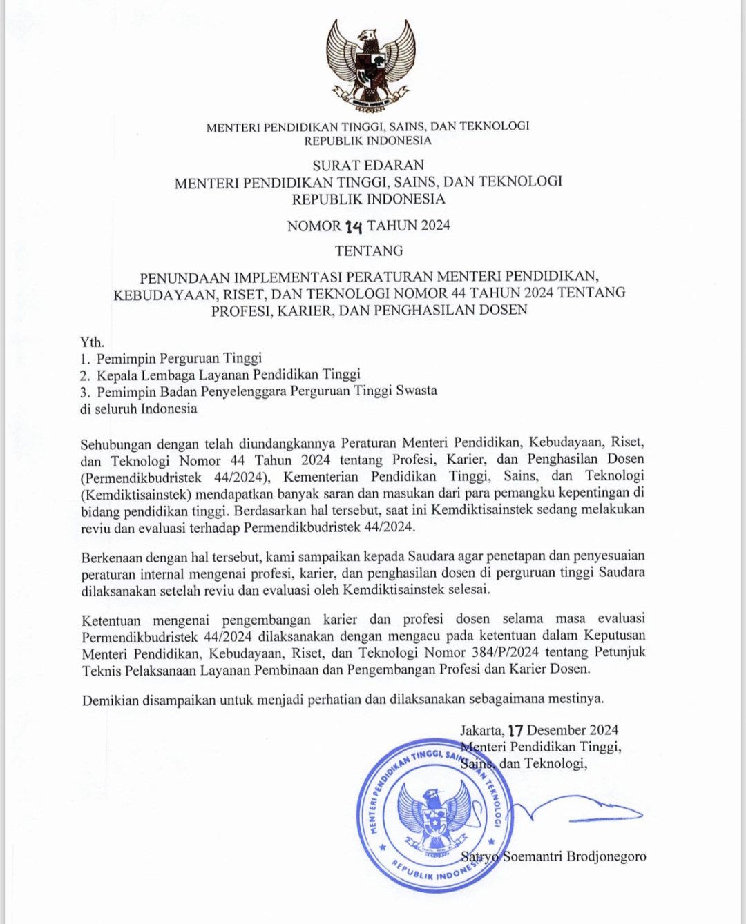 Implementasi Permendikbudristek No 44 Tahun 2024 Ditunda, Ini Alasan Mendiktisaintek