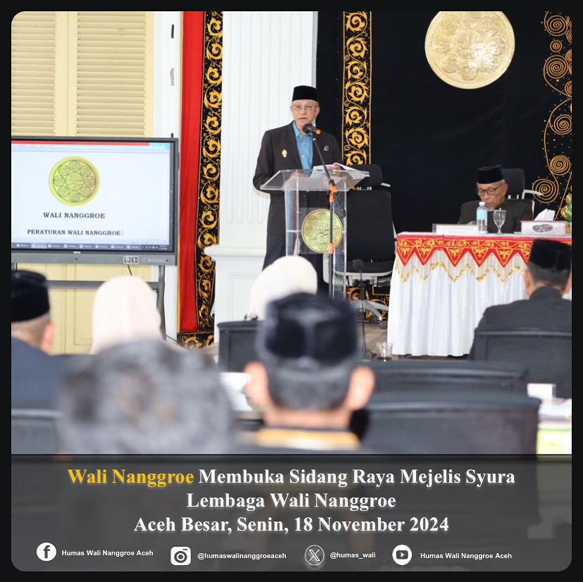 Lembaga Wali Nanggroe menggelar Sidang Raya Majelis Syura 2024 di Gedung Lembaga Wali Nanggroe, Aceh Besar. Acara tersebut dibuka secara resmi oleh Wali Nanggroe Aceh, Paduka Yang Mulia Tgk. Malik Mahmud Al Haythar. (Foto: Humas LWN)