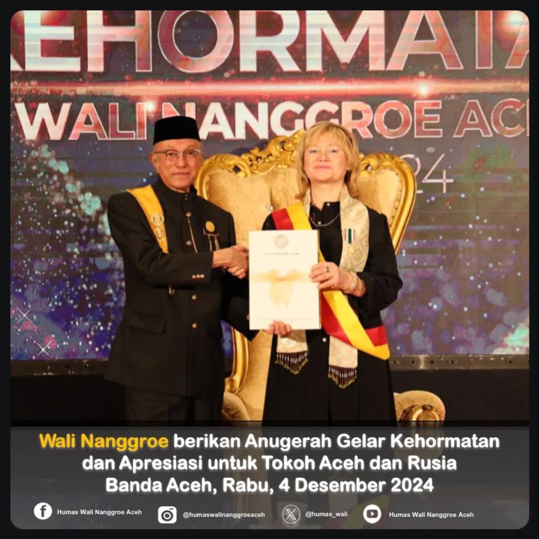 Wali Nanggroe Aceh Anugerahkan Gelar Kehormatan kepada Tokoh Nasional dan Internasional. (Foto: Humas LWN)