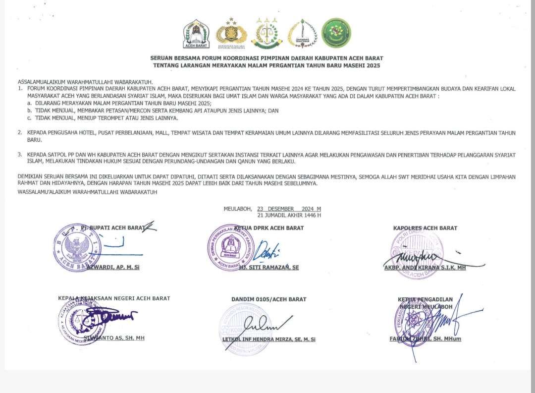 Surat keputusan bersama Forkopimda Aceh Barat terkait larangan perayaan tahun baru. (Foto: Tangkapan Layar)