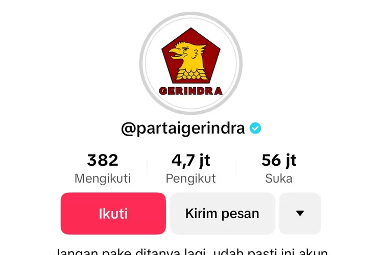 Akun Tiktok Partai Gerindra. (Foto: Tangkapan Layar)